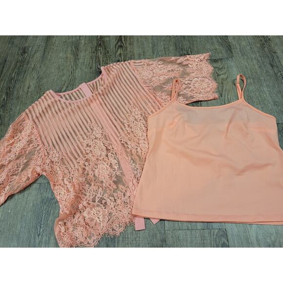CATO Coral Salmon Lace Button Blouse w/ Matching Camisole Tank Top Set Medium - Picture 1 of 4
